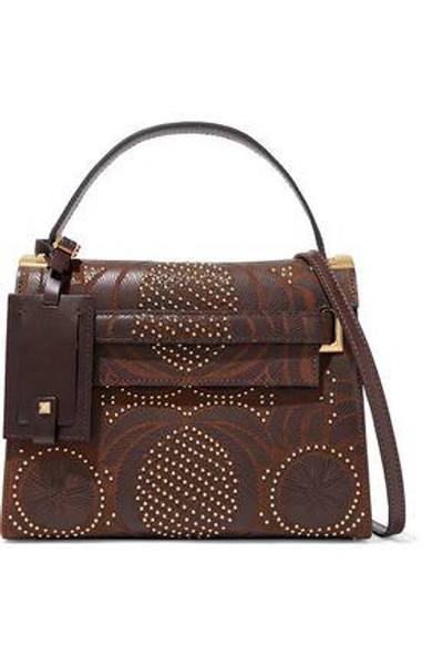 Shop Valentino Garavani Woman Studded Laser-cut Textured-leather Shoulder Bag Brown