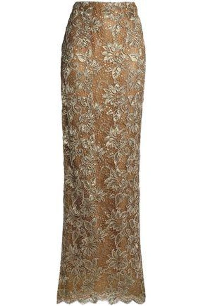 Shop Oscar De La Renta Woman Metallic Corded Lace Maxi Skirt Gold