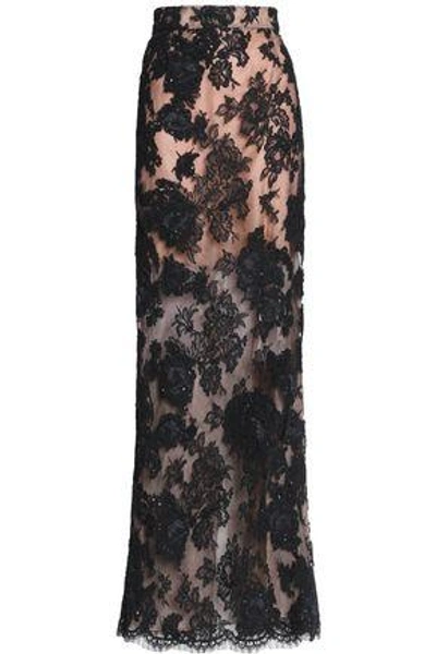 Shop Oscar De La Renta Woman Split-back Silk Corded Lace Maxi Skirt Black
