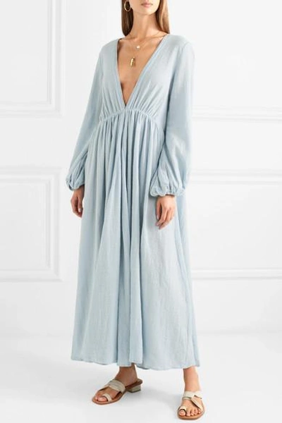 Shop Kalita Aphrodite Gathered Cotton-gauze Maxi Dress In Sky Blue