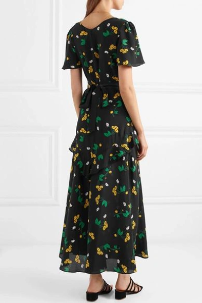 Shop Rixo London Evie Ruffled Floral-print Silk-crepe Maxi Dress In Black