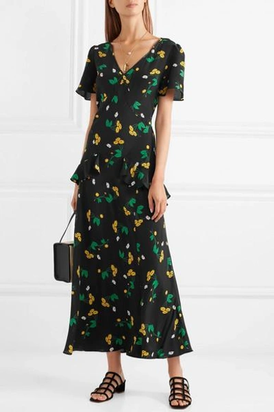 Shop Rixo London Evie Ruffled Floral-print Silk-crepe Maxi Dress In Black
