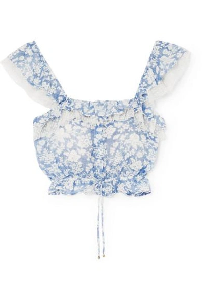 Shop Loveshackfancy Mia Ruffled Floral-print Cotton And Silk-blend Voile Top In Blue