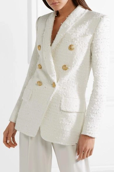 Shop Balmain Double-breasted Grain De Poudre Wool Blazer In White