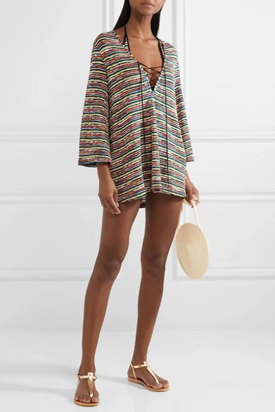 Shop Missoni Mare Lace-up Crochet-knit Kaftan In Yellow