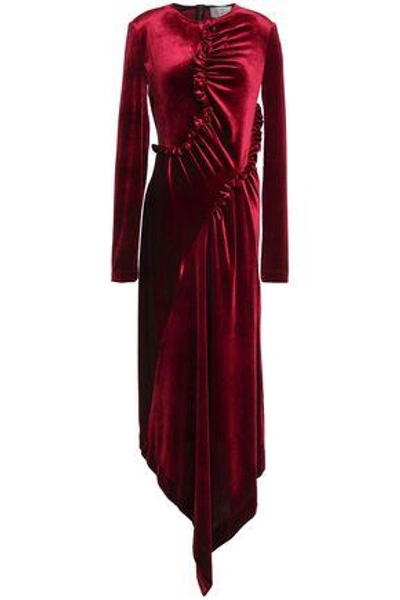 Shop Preen By Thornton Bregazzi Woman Tegan Asymmetric Ruffle-trimmed Velvet Midi Dress Crimson