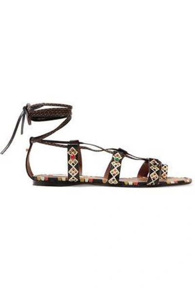 Shop Valentino Garavani Woman Lace-up Painted Textured-leather Sandals Brown