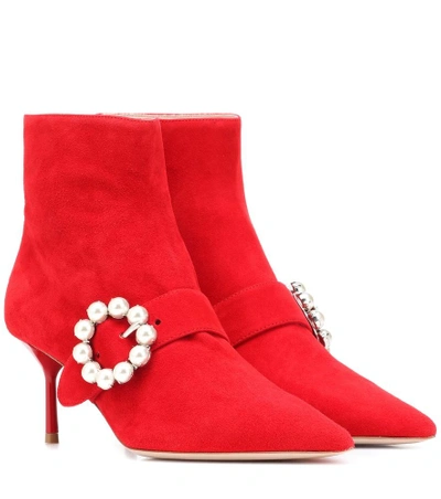 Shop Miu Miu Embellished Suede Ankle Boots In Red