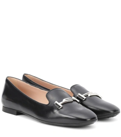 Shop Tod's Double T Leather Loafers In Black