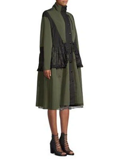Shop Sandy Liang Peplum Lace Hooded Jacket In Olive Black