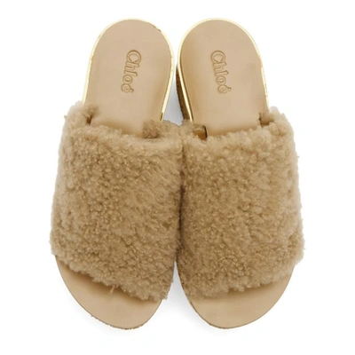 Beige Shearling Camille Flatform Sandals