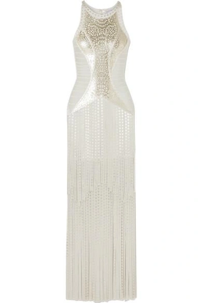 Shop Herve Leger Fringed Metallic Bandage Gown In Silver