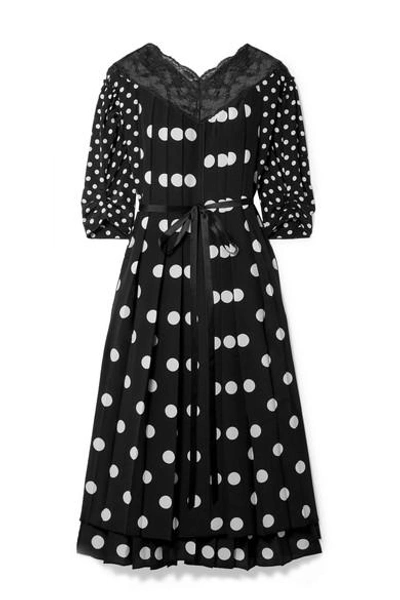 Shop Marc Jacobs Lace-trimmed Pleated Polka-dot Silk Crepe De Chine Midi Dress In Black