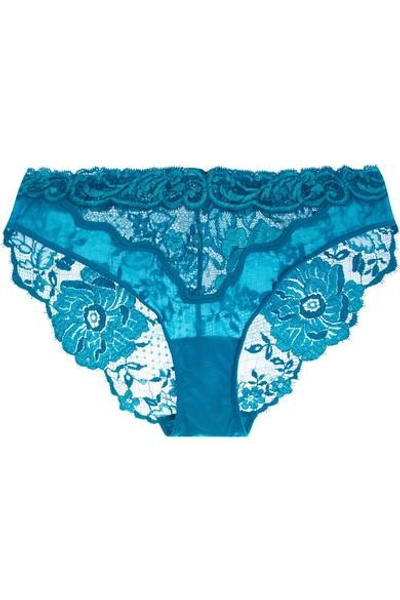 Shop La Perla Desert Rose Leavers Lace And Stretch Silk-blend Briefs In Turquoise