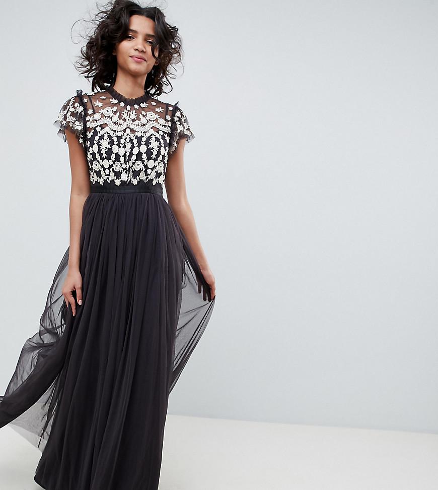 needle & thread embroidered lace maxi gown with high neck in graphite