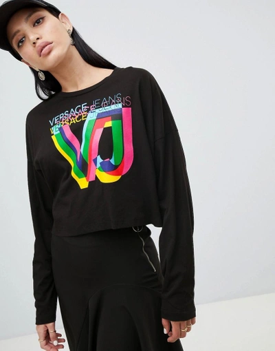 Shop Versace Jeans Rainbow Logo Long Sleeve Top - Black
