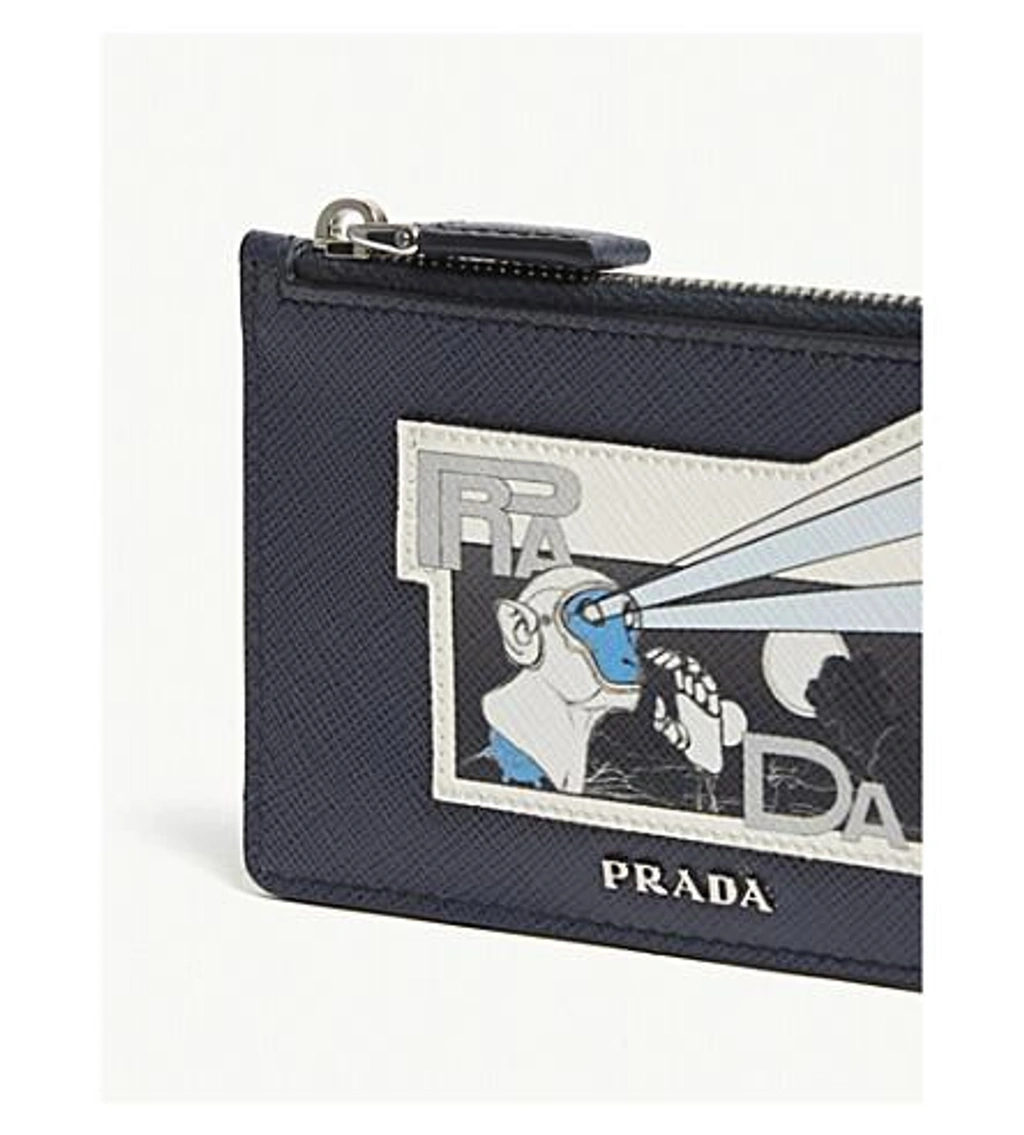 Prada Robot Monkey Saffiano Leather Half zipper Wallet In Baltic Blue ModeSens