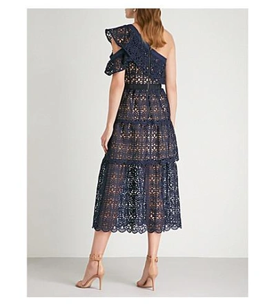 Shop Self-portrait Asymmetric Guipure-lace Midi Dress In Navy-white