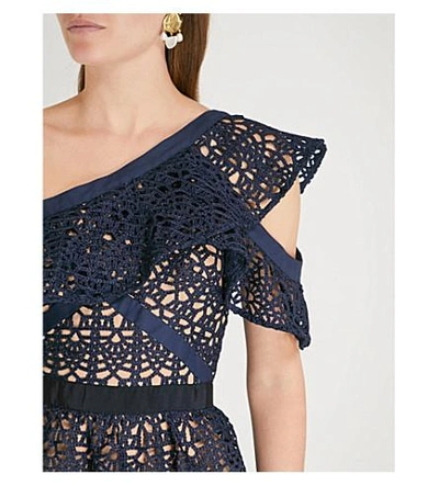 Shop Self-portrait Asymmetric Guipure-lace Midi Dress In Navy-white