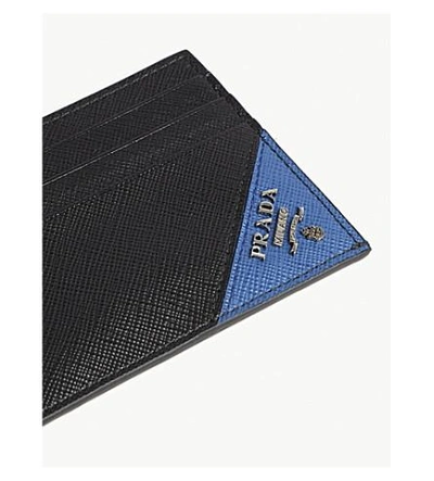 Shop Prada Contrasting Corner Saffiano Leather Card Holder In Black Light Blue
