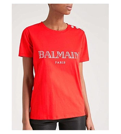 Shop Balmain Metallic Logo-print Cotton-jersey T-shirt In Rouge
