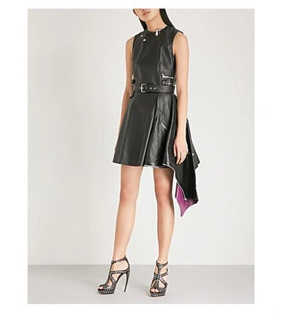 Shop Alexander Mcqueen Peplum-hem Leather Mini Dress In Black/nightshade