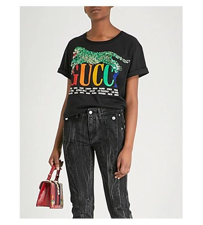 Gucci Panther-embellished Cotton-jersey T-shirt In Black | ModeSens