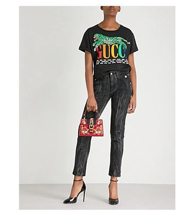 Shop Gucci Panther-embellished Cotton-jersey T-shirt In Black