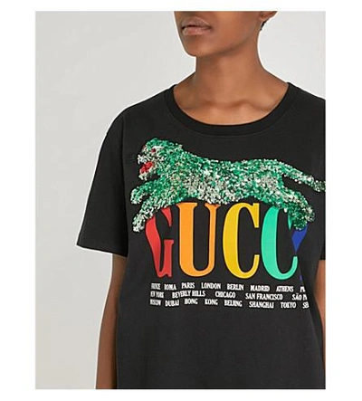 Shop Gucci Panther-embellished Cotton-jersey T-shirt In Black