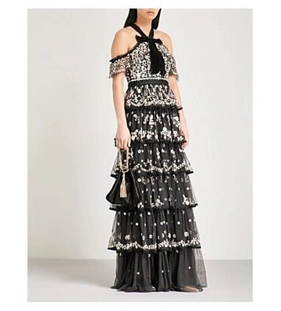 Shop Needle & Thread Zelda Embroidered Tulle Gown In Graphite