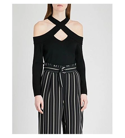Shop Karen Millen Cross-over Cold-shoulder Jersey Top In Black