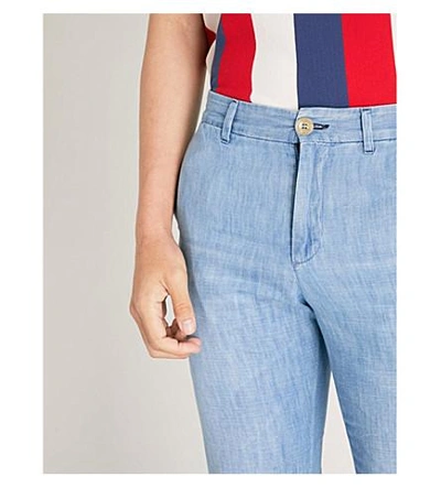 Shop Gucci Straight Cropped Cotton-denim Trousers In Blue