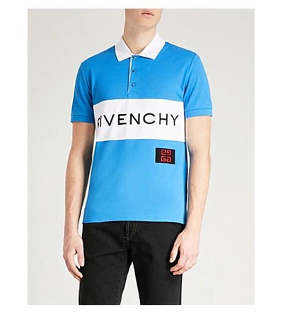 Shop Givenchy Stripe Logo Cotton-piqué Polo Shirt In Blue