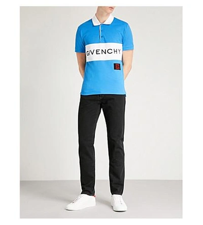 Shop Givenchy Stripe Logo Cotton-piqué Polo Shirt In Blue