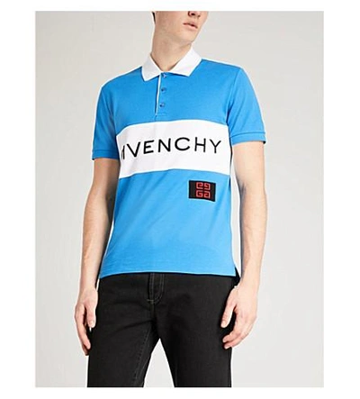 Shop Givenchy Stripe Logo Cotton-piqué Polo Shirt In Blue