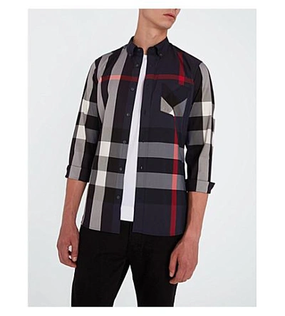 Shop Burberry Thornaby Regular-fit Cotton-blend Shirt In Navy