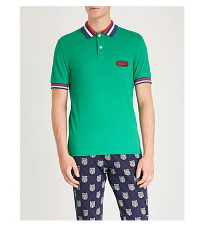 Shop Gucci Logo-print Cotton-piqué Polo Shirt In Green