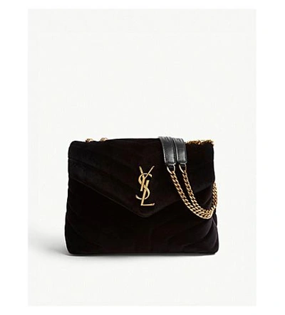 Shop Saint Laurent Ladies Black Modern Monogram Loulou Velvet Shoulder Bag