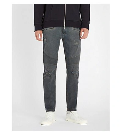 Shop Balmain Biker Ripped Slim-fit Skinny Jeans In Gris