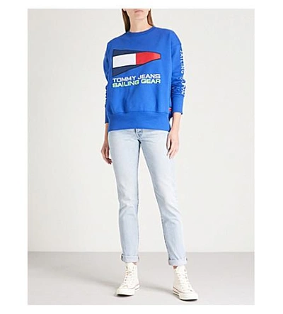 Shop Tommy Jeans Sailing Logo Cotton-blend Sweatshirt In Surf The Web