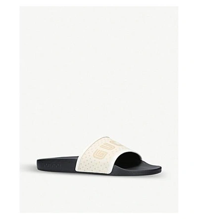 Shop Gucci Pursuit Guccy-print Canvas Sliders In White/oth