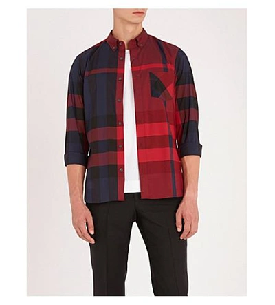 Shop Burberry Thornaby Check-print Regular-fit Cotton-blend Shirt In Bright Red