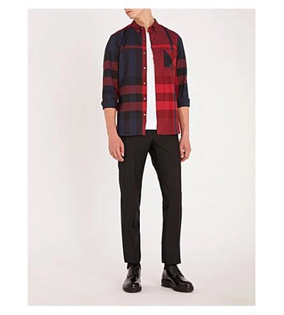 Shop Burberry Thornaby Check-print Regular-fit Cotton-blend Shirt In Bright Red