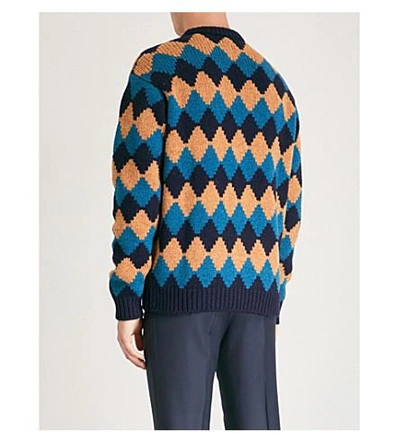 Shop Prada Diamond-intarsia Wool Jumper In Blu Turchese Ocra