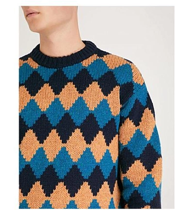 Shop Prada Diamond-intarsia Wool Jumper In Blu Turchese Ocra