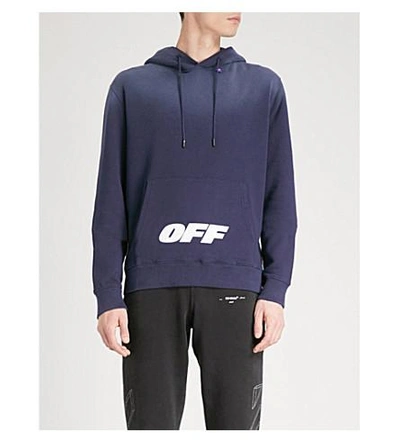 Shop Off-white Logo-print Cotton-jersey Hoody In Blue