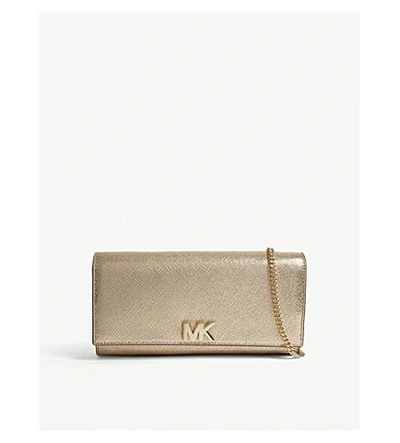 Shop Michael Michael Kors Michael Kors Pale Gold Mott Metallic-leather Clutch Bag