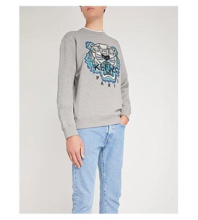 Shop Kenzo Tiger-embroidery Cotton Sweatshirt In Dove Grey