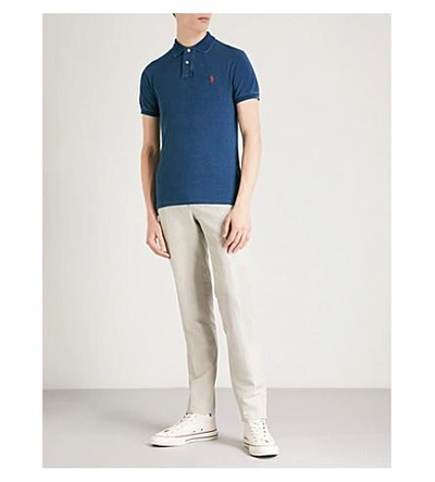 Shop Polo Ralph Lauren Slim-fit Cotton-piqué Polo Shirt In Medium Indigo