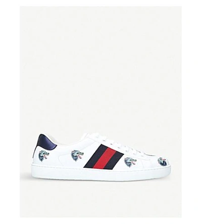 Shop Gucci New Ace Wolf-embroidered Leather Trainers In White/oth